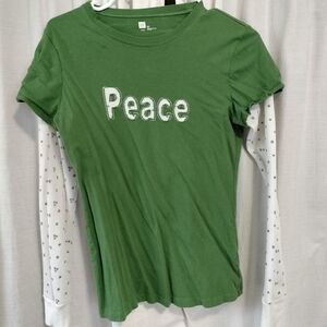 GAP "Peace" Green T-Shirt with White Long Sleeve